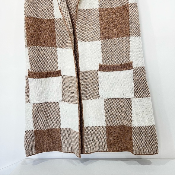 Open Front Sweater Vest Size Medium Plaid Checks Khaki/Cream Beige Cable Knit - Picture 6 of 9